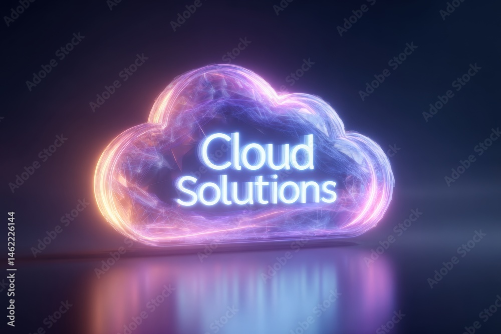 A vibrant cloud graphic featuring the text Cloud Solutions illuminated with neon lighting. The design contrasts against a dark background, creating a modern and dynamic appearance.