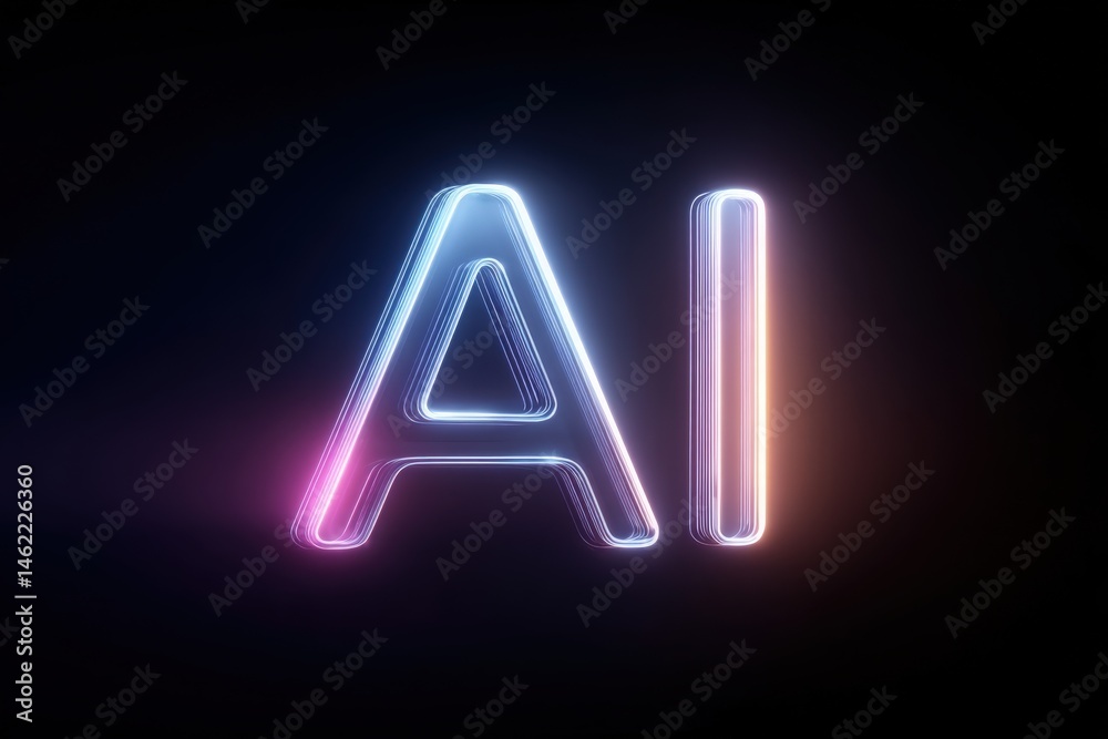 A captivating display of glowing letters forms the abbreviation for artificial intelligence, illuminated by vibrant colors. The dark background enhances the luminous effect, drawing attention.