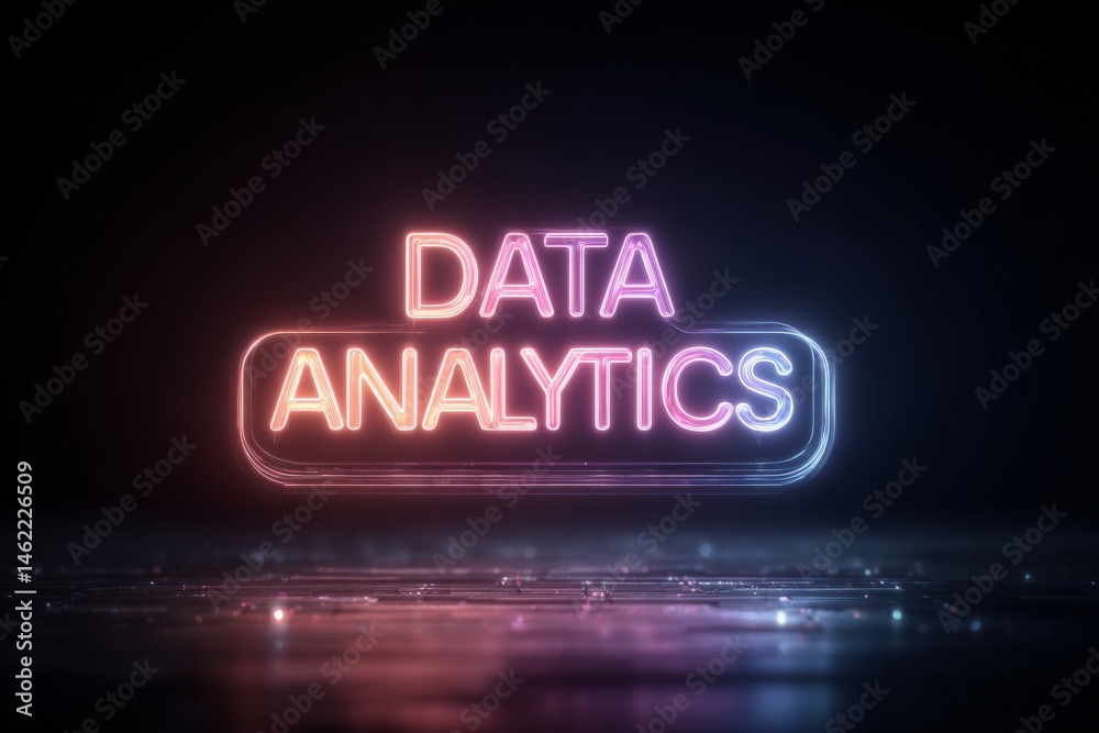 Bright neon lettering spells out data analytics on a glossy surface, contrasting against a dark background. The glow creates an engaging, modern aesthetic suitable for tech themes.