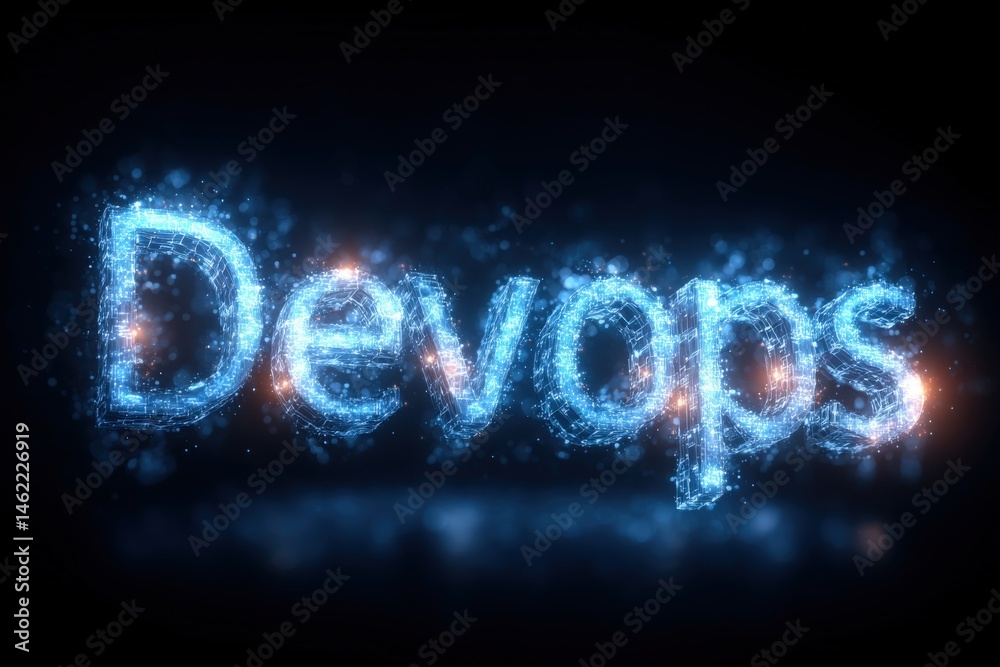 A glowing representation of the term DevOps in a digital style captures the essence of innovative technology.
