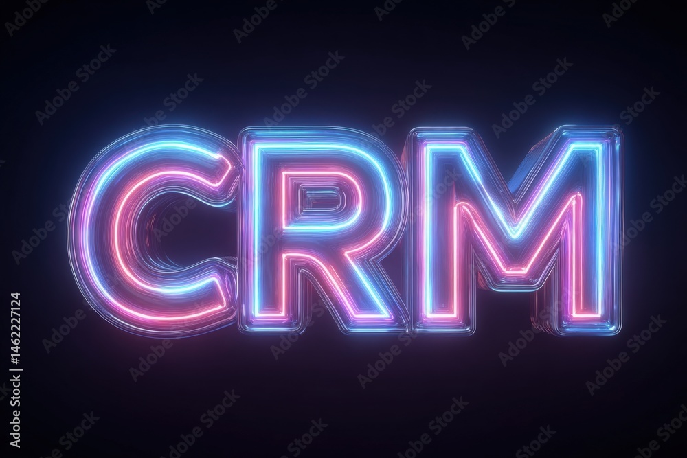 Bright neon letters spelling CRM shine with a vibrant glow against a dark background, emphasizing a focus on technology and modern business solutions.