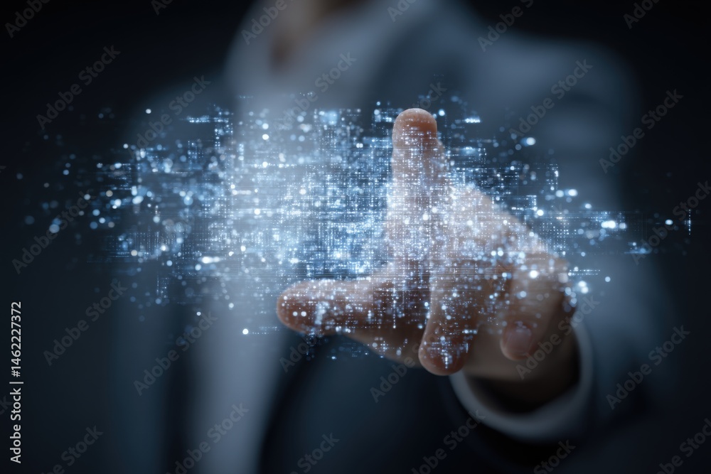 A businessman in a suit is reaching out with his hand, interacting with a shimmering virtual interface filled with glowing data points and digital elements, set against a dark background.