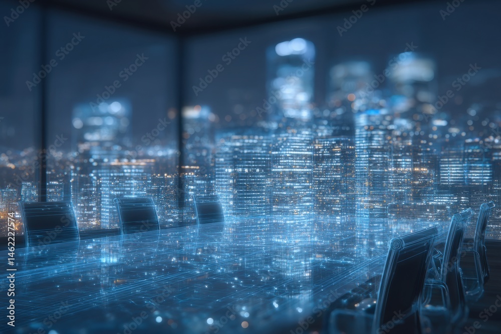 A sleek and modern boardroom features a large glass table in front of a panoramic view of a vibrant city skyline at night. The illuminated skyscrapers create a tech-inspired atmosphere.