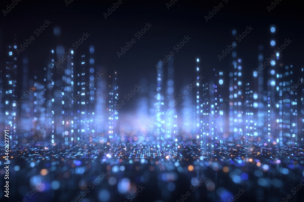 A vibrant blue data landscape showcases glowing lights and abstract patterns against a dark background.