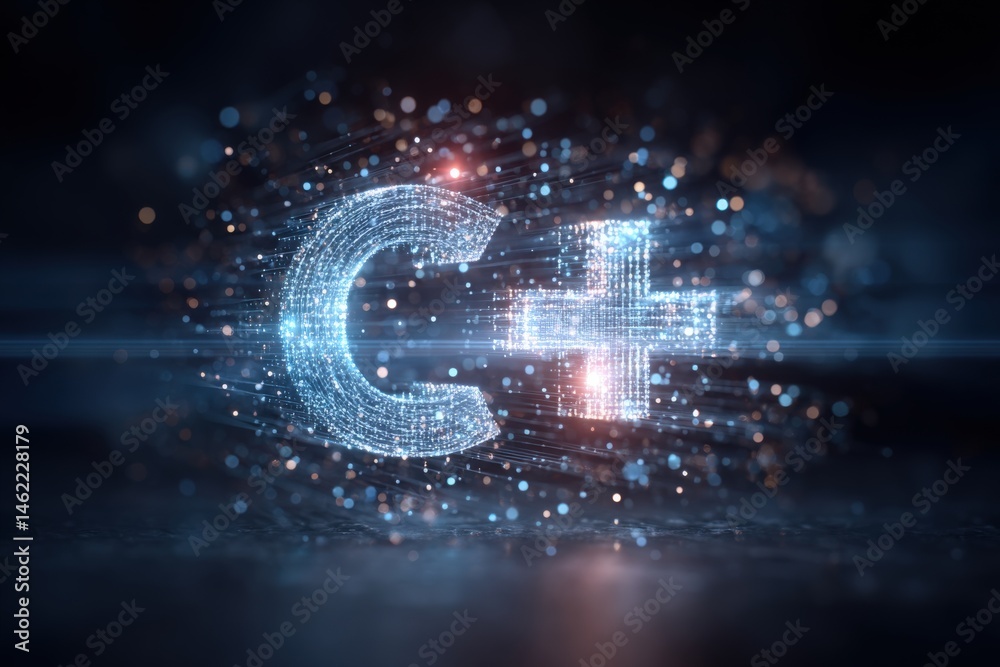 A glowing C plus plus symbol made of particles represents coding and technology. The backdrop is dark and emphasizes the digital elements, creating a futuristic atmosphere.