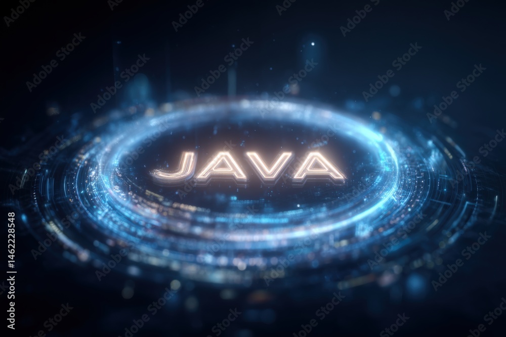 Glowing letters spell out Java in a high-tech setting, surrounded by luminous circular patterns and vibrant blue light. The atmosphere evokes a sense of advanced technology and innovation.