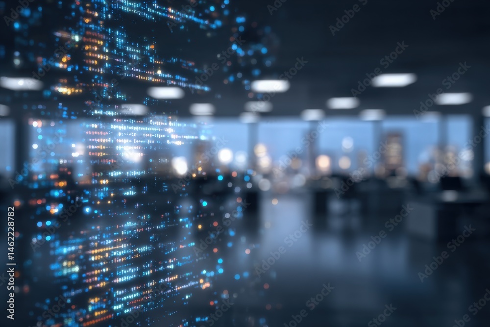 In a contemporary office space, vibrant streams of digital data flow through the air. The background reveals a city skyline illuminated by evening lights, creating a dynamic atmosphere.