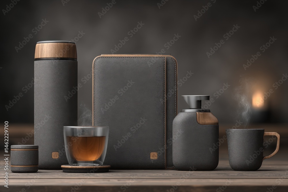 A stylish tea set featuring a thermos, cup, and organizer rests on a wooden table. The warm colors and soft steam create a cozy atmosphere perfect for enjoying tea.