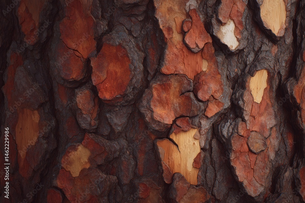 Unique patterns of bark showcase a stunning blend of brown and orange hues. The rough texture is highlighted by patches of lighter wood, revealing the natural beauty of the tree in its environment.