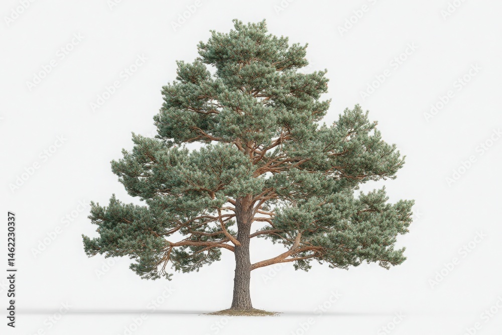 A single tall evergreen tree displays its lush, full branches against a plain backdrop. The tree showcases a sturdy trunk and vibrant foliage, drawing attention to its natural elegance and detail.