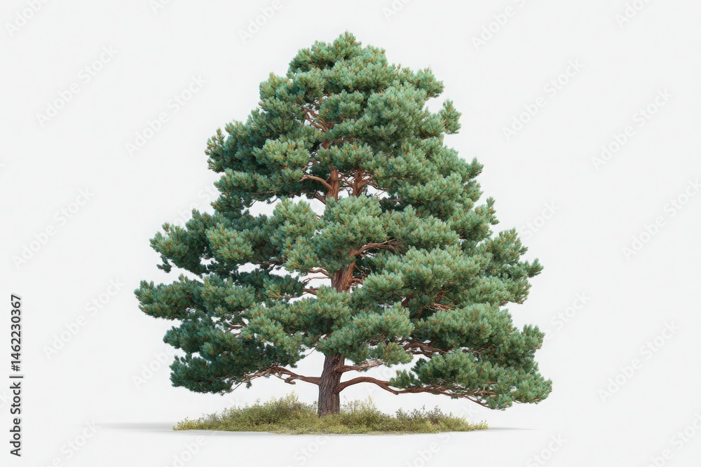 A tall, lush pine tree stands prominently with dense green foliage, its sturdy trunk visible.