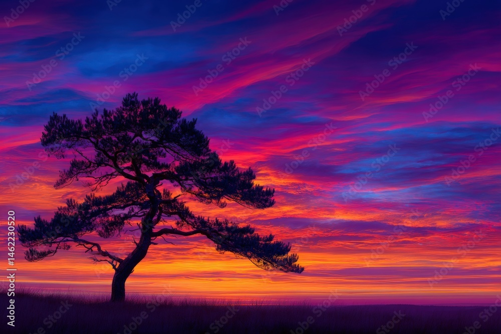 A solitary tree stands silhouetted against a vibrant sunset. The sky is filled with shades of purple, orange, and pink, creating a serene and picturesque view.