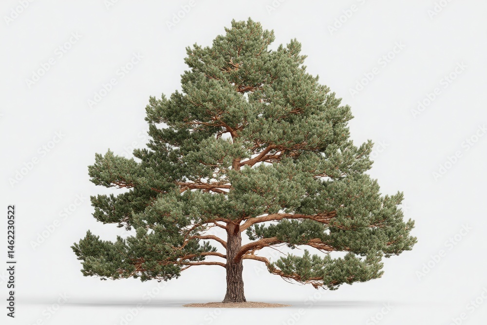 A large evergreen tree dominates the composition with its lush green branches extending evenly. The minimalist white background highlights the trees intricate details and structure.