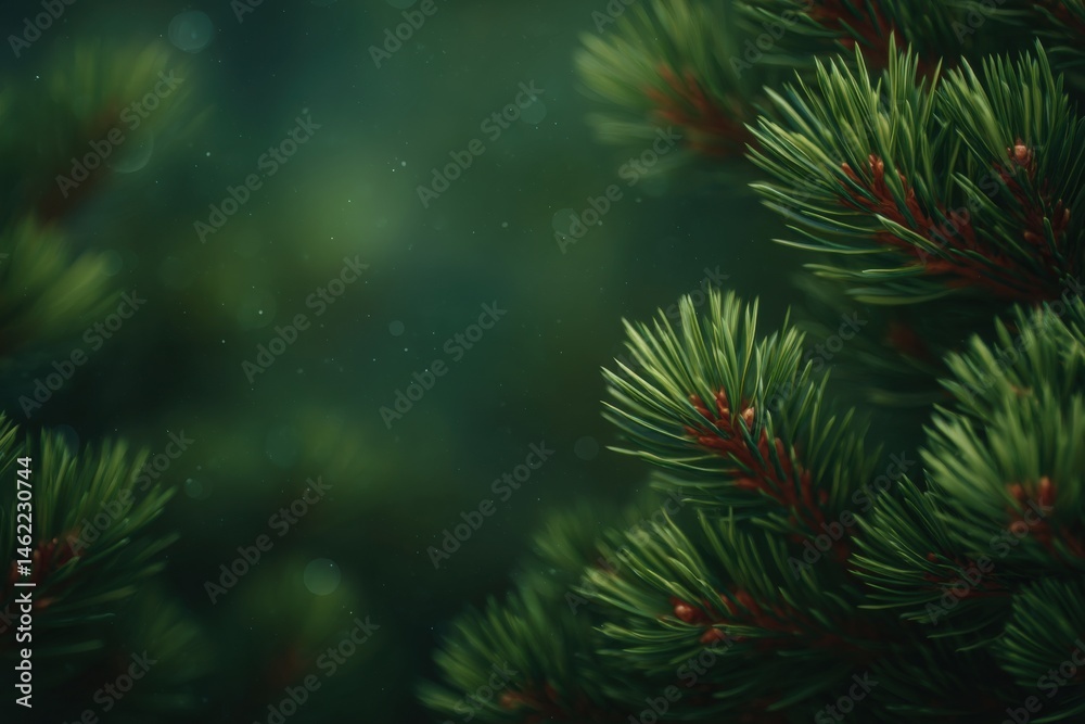 Pine tree branches are depicted with a focus on their vibrant green needles and fine details. The soft background creates a peaceful atmosphere, capturing tranquility in nature.