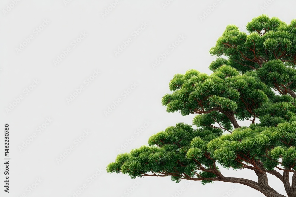 A large pine tree displays a dense canopy of vibrant green needles.