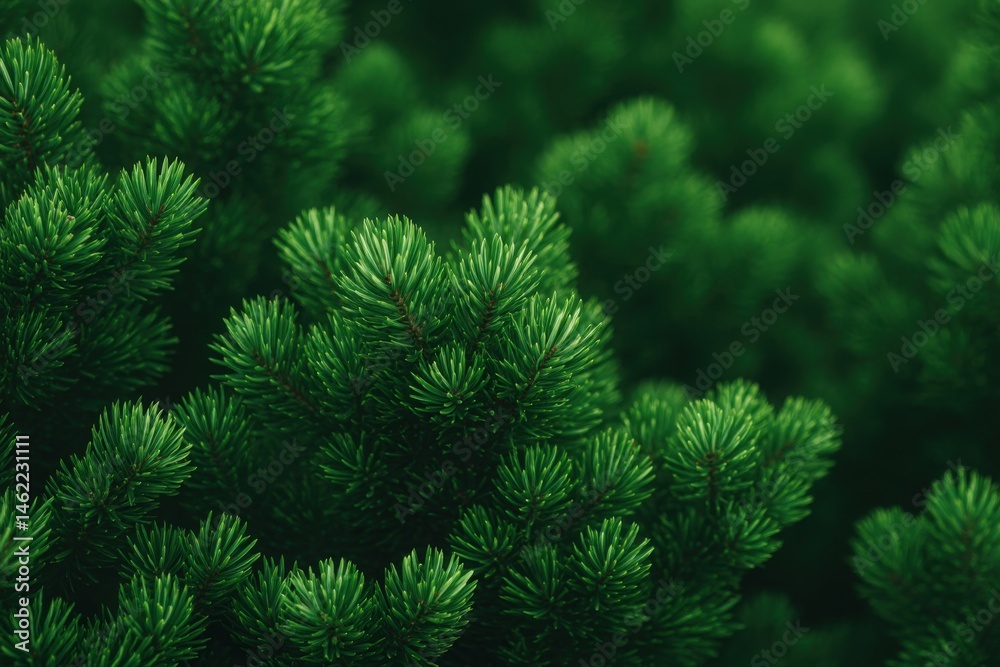 Vibrant green conifer needles create an intricate texture, filling the frame with life and richness. The dense foliage invites a sense of calm and tranquility in natures embrace.