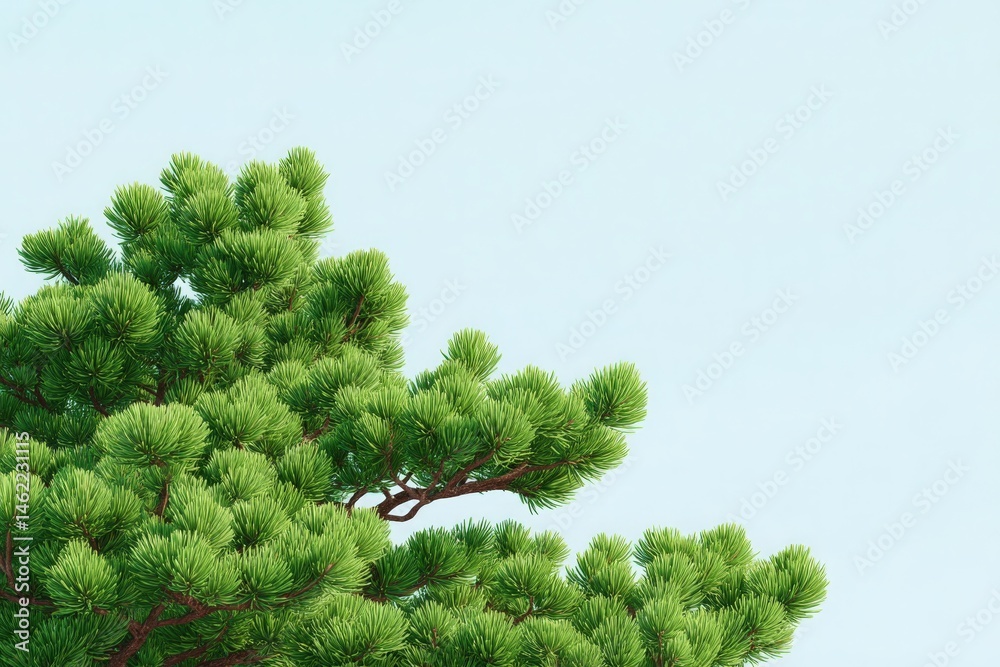 Vibrant green pine tree branches fill the upper part of the view, set against a bright blue sky. Sunlight highlights the rich textures and colors of the foliage, creating a tranquil atmosphere.