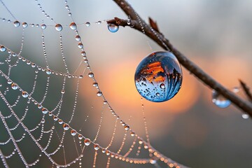 Spiderweb net glistening with morning dew drops in a macro closeup of nature's intricate design