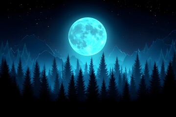 Wall Mural - A vibrant blue moon illuminates a dark, silhouetted pine forest against a mountainous backdrop under a starry night sky