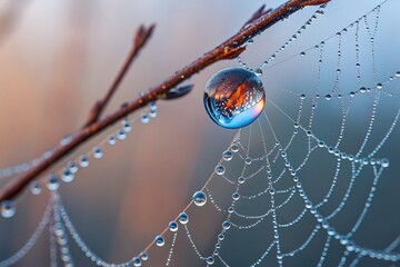 Spiderweb net glistening with morning dew drops in a macro closeup of nature's intricate design