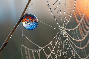 Spiderweb net glistening with morning dew drops in a macro closeup of nature's intricate design