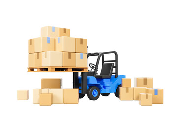 Poster - Blue forklift carrying stacked cardboard boxes on wooden pallet with scattered packages, isolated in smooth 3D Rendering style on white background
