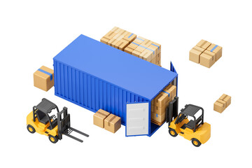 Poster - Isolated isometric 3D Rendering of blue cargo container with forklifts and cardboard boxes, on white background, symbolizing shipping and logistics