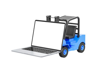 Poster - Blue forklift and silver laptop merged into one object, stylized 3D Rendering, isolated on white background. Concept of digital logistics and automation
