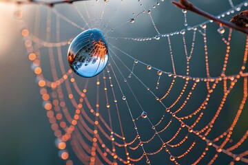 Spiderweb net glistening with morning dew drops in a macro closeup of nature's intricate design