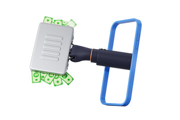 Poster - Smartphone hand holding a silver briefcase overflowing with money, 3D Rendering style, isolated on white background. Concept of digital finance or income