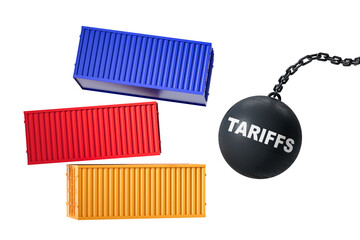 Poster - Colorful shipping containers hit by a large wrecking ball labeled TARIFFS, isolated on white background, 3D Rendering, concept of trade impact