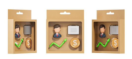 Poster - Business toy set with businessman icon, coin, green arrow, and case in cardboard packaging, isolated on white background. Concept of finance and success, 3D Rendering