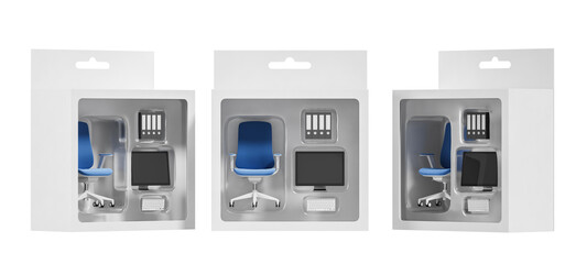 Poster - Office workstation kit with blue chair, monitor, keyboard, and file folders in transparent plastic packaging, isolated on white background. 3D Rendering