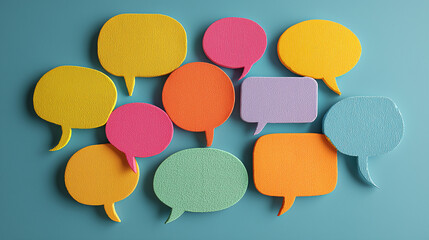 Poster - Colorful speech bubbles in various shapes and sizes arranged artistically on a turquoise background for use in communication-related designs and concepts