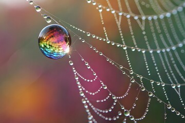 Spiderweb net glistening with morning dew drops in a macro closeup of nature's intricate design