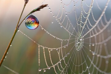 Spiderweb net glistening with morning dew drops in a macro closeup of nature's intricate design