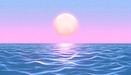 Wall Mural - Pastel sunset over calm ocean with large moon