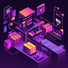 isometric e commerce shop vector shopping cart packages and website interface in neon accent color p