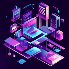 Wall Mural - Isometric e commerce shop vector shopping cart packages and website interface in neon accent color palette
