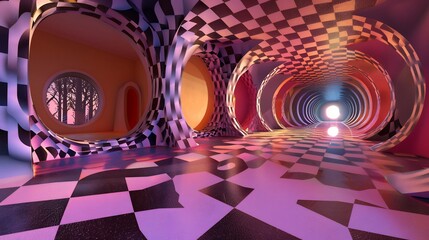 Poster - Distorted Reality: Surreal Checkerboard Passage Leading to a Glowing Light