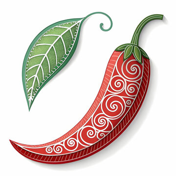 there is a paper cut chili with a leaf and swirly