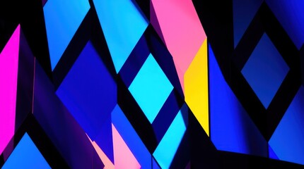 Poster - Abstract geometric art with vibrant blue, pink, and yellow shapes on a black background
