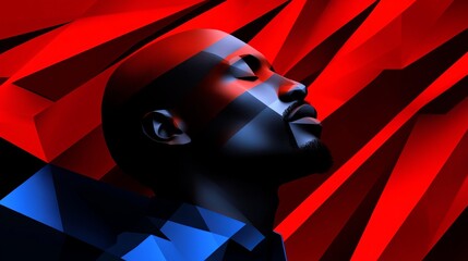 Aufkleber - Man is gazing upwards in a digital illustration with geometric red and blue shapes creating an artistic composition.
