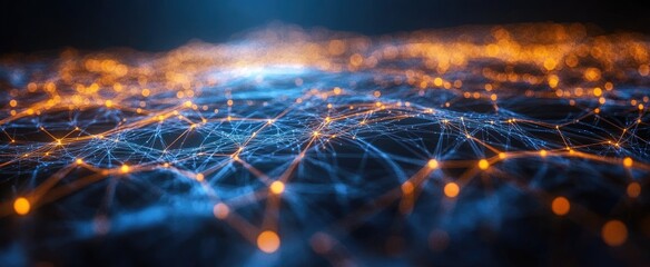 Aufkleber - abstract digital network landscape with glowing blue and orange connected dots against dark backgrou