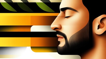 Aufkleber - Man with closed eyes is positioned in profile against geometric shapes and horizontal stripes in varied colors.