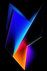 Poster - Vibrant, intersecting geometric shapes in neon blue, purple, orange, and red, glow against a black background