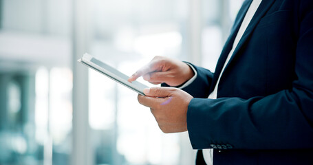Poster - Office, person and hands with tablet for financial advisor, corporate growth and investment. Closeup, businessman and finance consultant with tech for risk management, research and performance report
