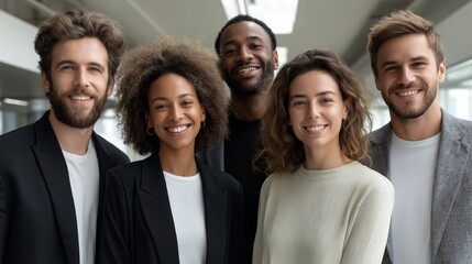Aufkleber - A diverse group of young individuals is gathered in a bright modern office. They are smiling and engaging with each other, showcasing a collaborative and positive work environment