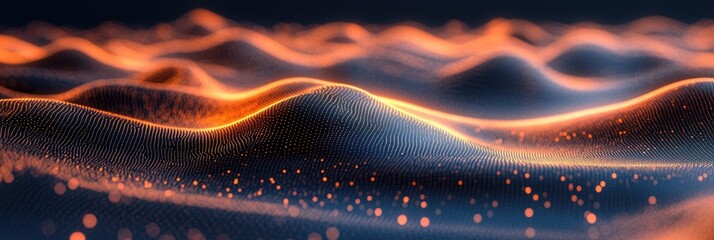 Aufkleber - abstract wavy surface with glowing orange particles on dark blue background for futuristic digital d