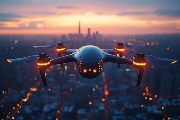 Wall Mural - drone soars above the city at sunset